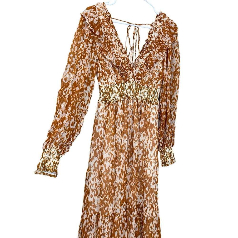 Anthropologie Odetta Ruffled V Neck Maxi Dress Small Honey Orange Boho Cottage - Picture 9 of 13